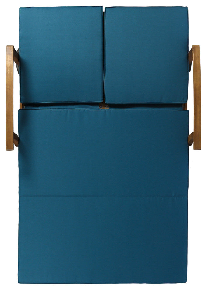 GDF Studio Samantha Outdoor Acacia Wood Double Chaise Lounge, Teak Finish/Blue