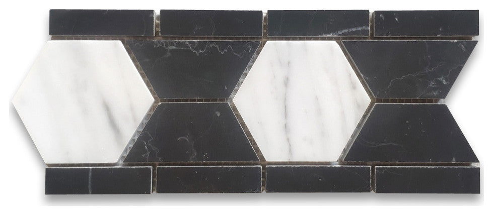 Carrara White Marble 3 Hexagon Black Mosaic Border Listello Tile Honed, 1 sheet