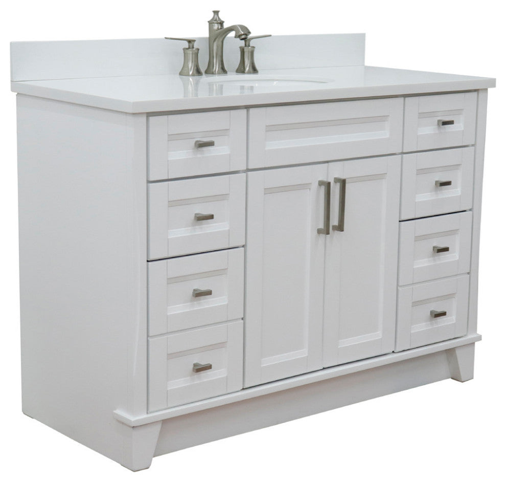 49" Single Sink Vanity, White Finish With Engineered Stone Top And Oval Sink