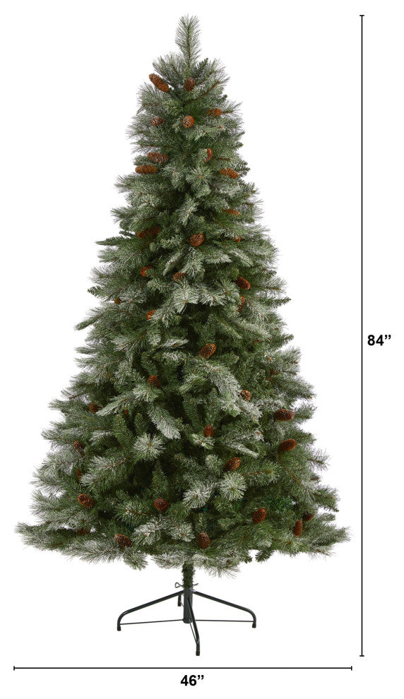 7' Snowed French Alps Mountain Pine Faux Xmas Tree W/Bendable Branches, Pinecone