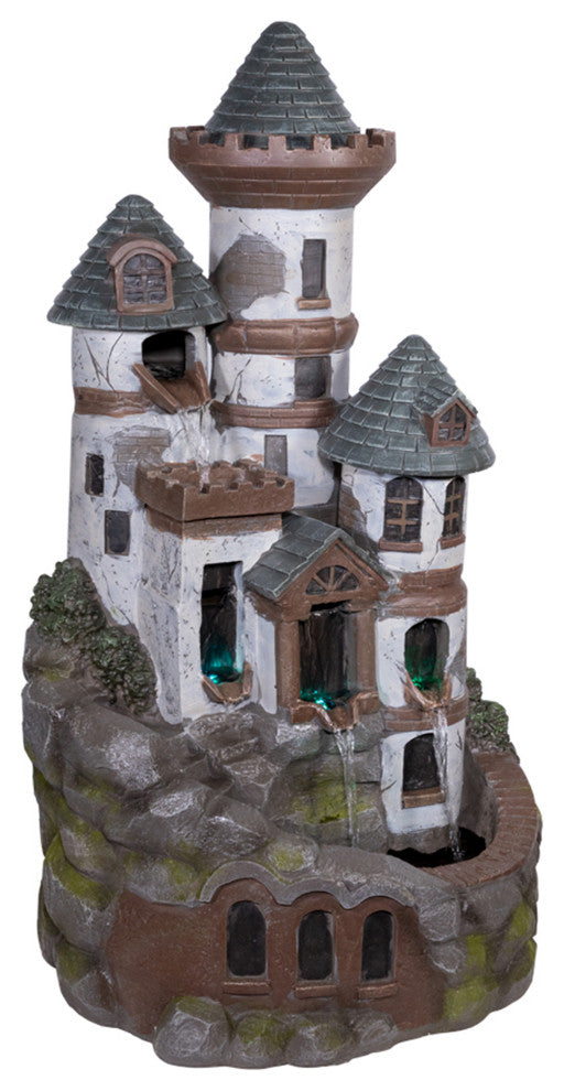 35" Tall Outdoor Tower Castle Fountain with Color Changing LED Lights