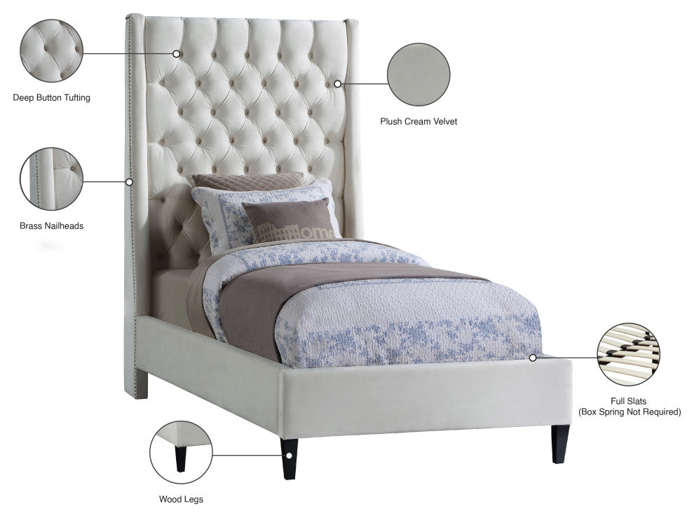 Fritz Velvet Upholstered Bed, Cream, Twin
