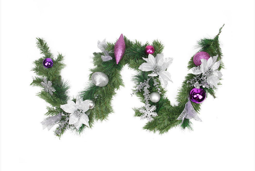 Unlit Peacock Decorated Garland, Purple Silver