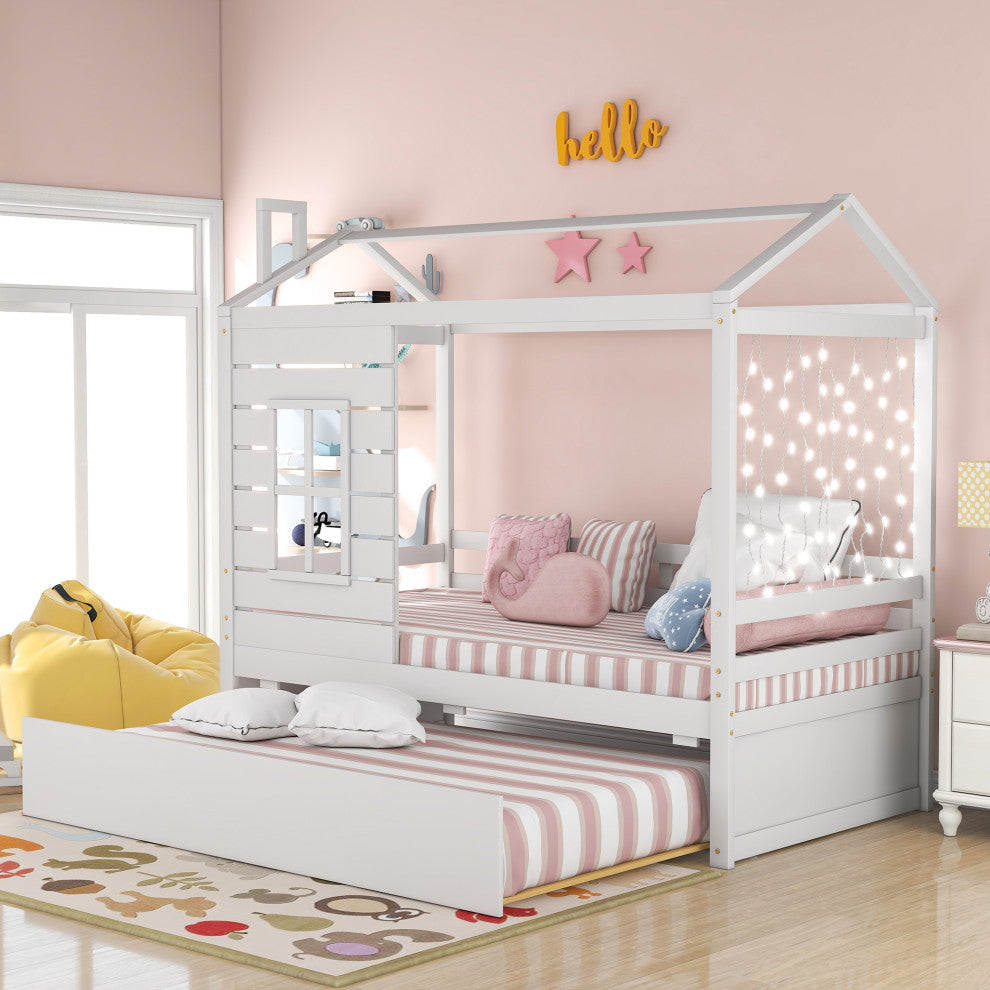 Gewnee Wood Twin House Bed with Twin Size Trundle in White