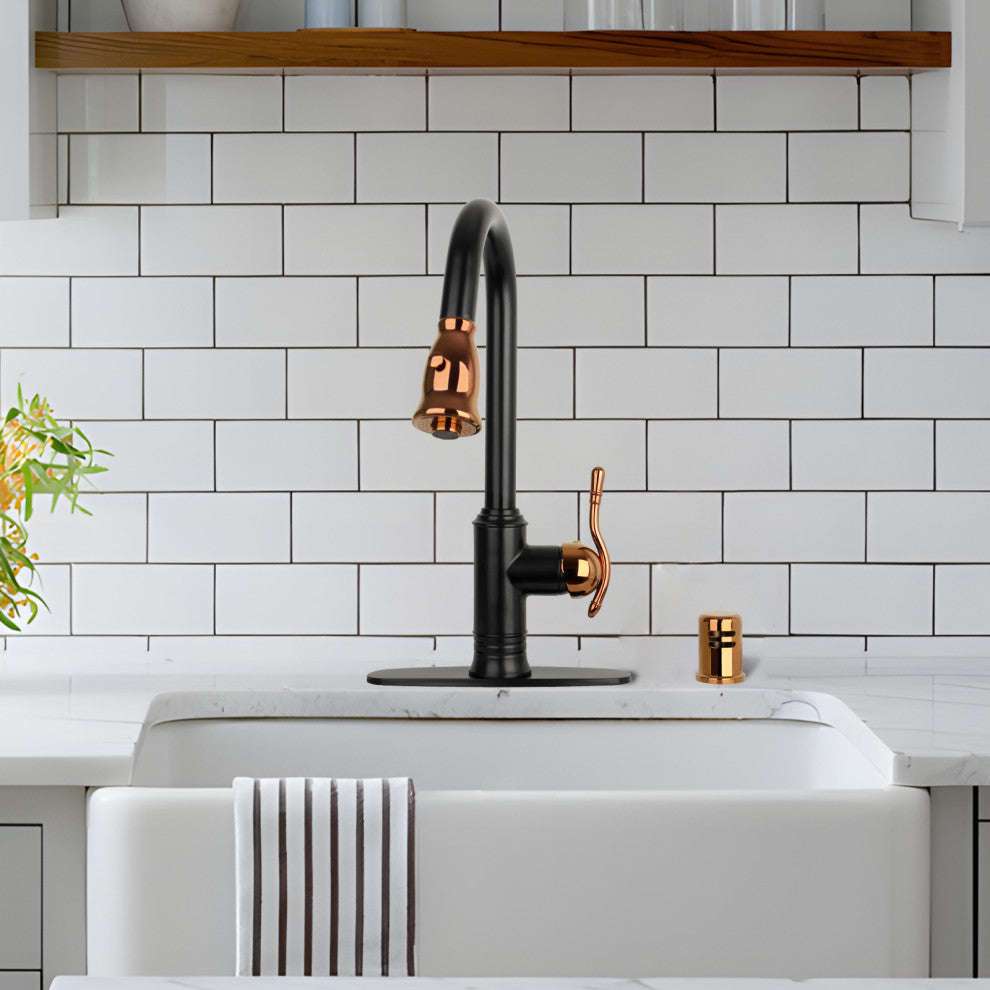 Pull Down Kitchen Faucet and Deck Plate, Two-Tone Matte Black and Rose Gold