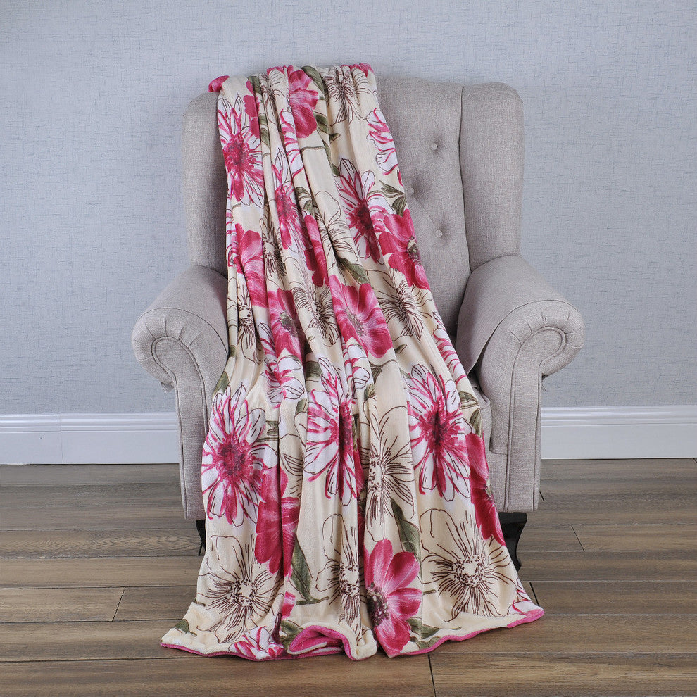 Floral Printed Flannel Throw, Hibiscus