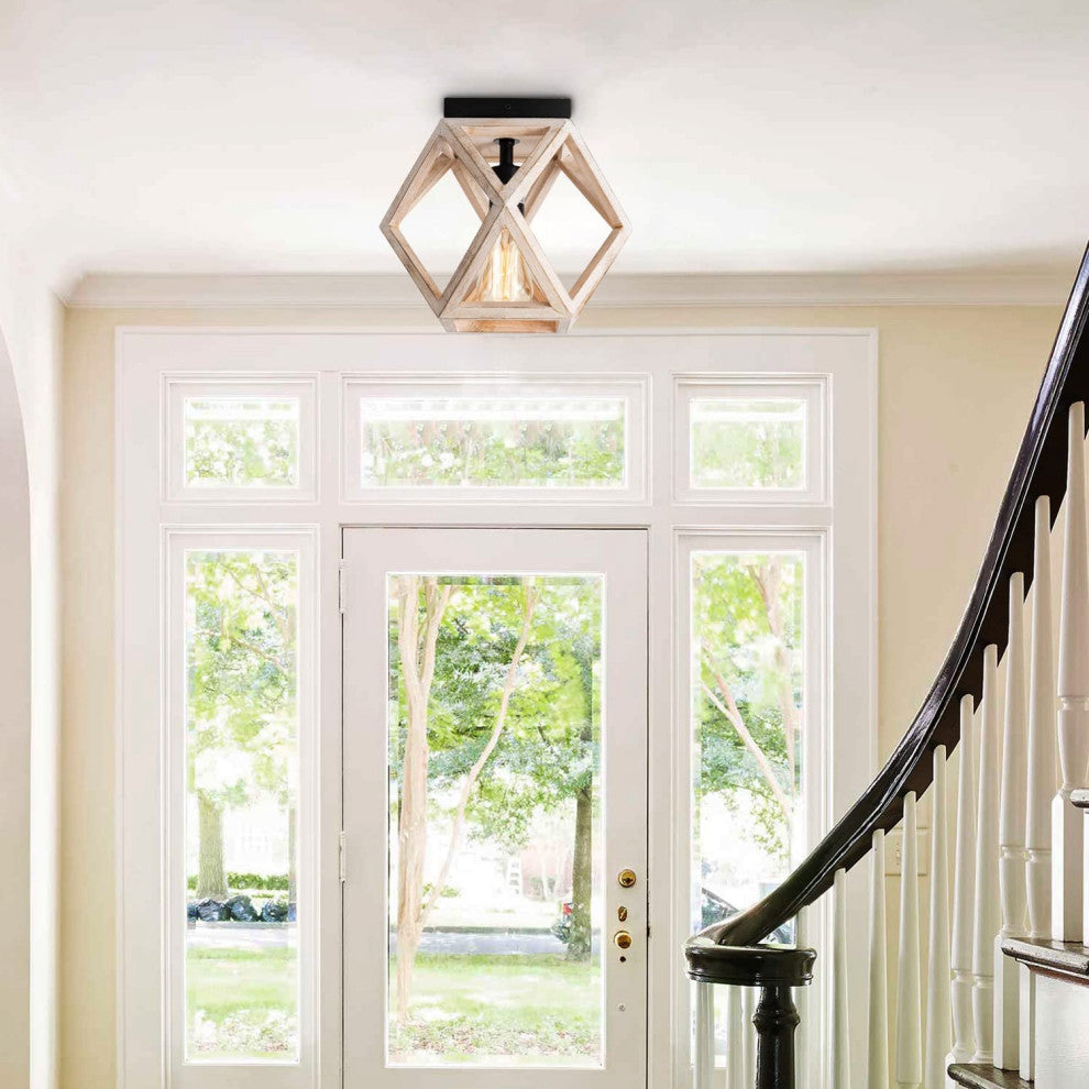 Industrial Wood Flush Mount Ceiling Lamp Farmhouse Close to Ceiling Lighting Fix