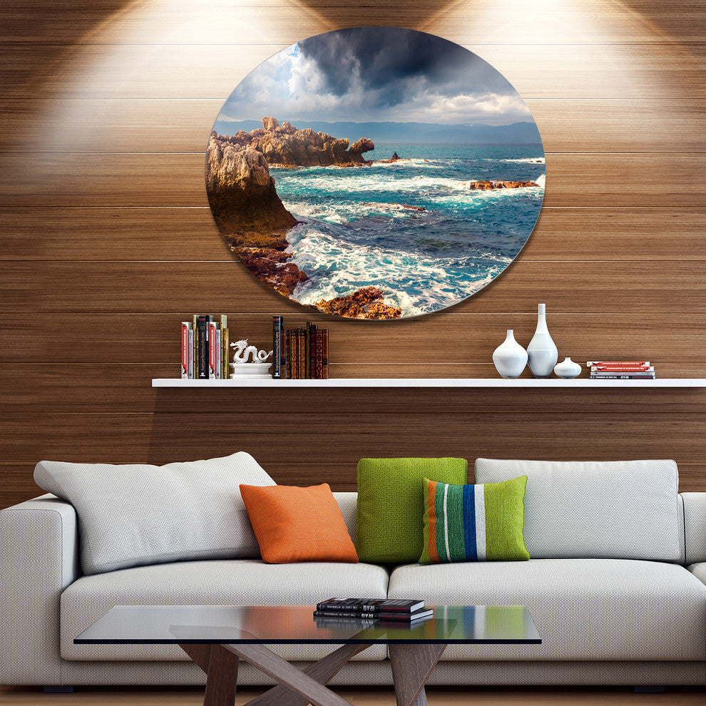 Volcanic Beach Stormy Weather, Seashore Art Round Wall Art, 23"