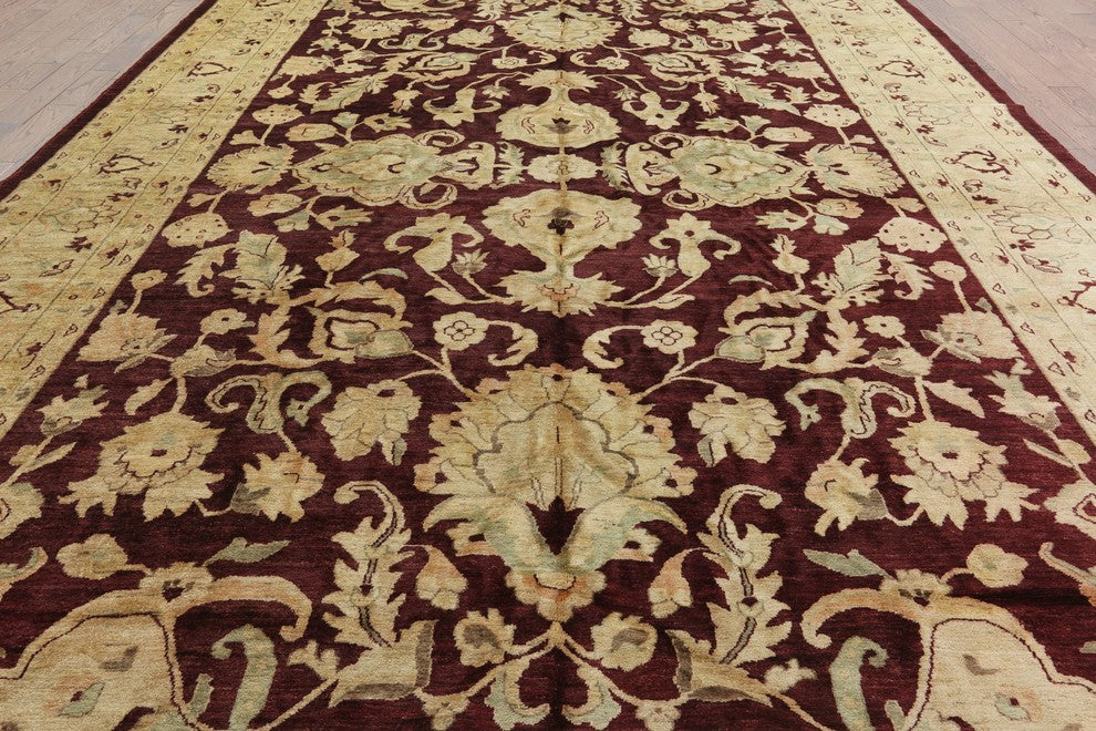 Palace Size Burgundy Peshawari Chobi Hand-Knotted Oushak Wool Rug, 12'x18'