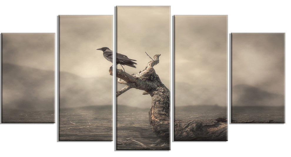 Crow Perching on Tree, Animal Canvas Art Print, 60"x32", 5 Panels