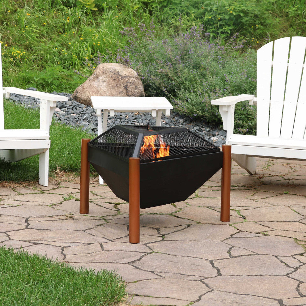 Sunnydaze 31" Fire Pit and Side Table Steel Outdoor Triangle Fire Bowl and Table
