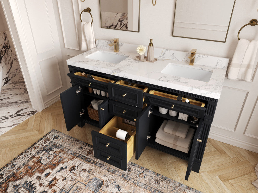 Paris 60" Double Sink Bathroom Vanity, Black 2" Calacatta Poannazo