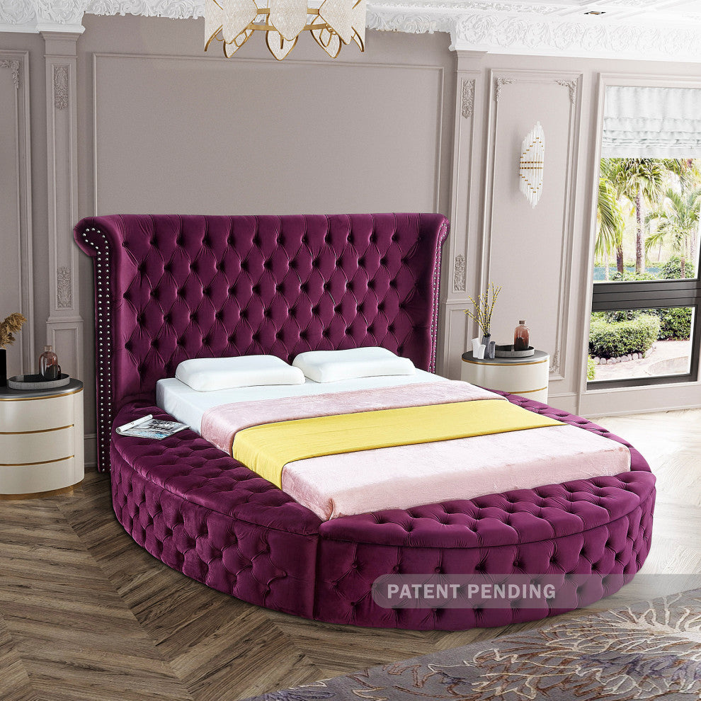 Luxus Button Tufted Velvet Round Bed, Purple, King
