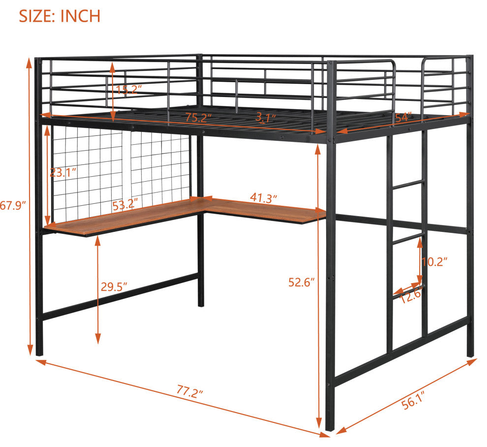 TATEUS Metal Loft Bed With Desk, Sturdy Metal Frame Guardrails Work and Play, Black, Full