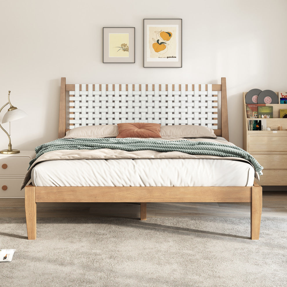 GDF Studio Queen Platform Bed With Woven White Leather Back & Natural Wood Frame