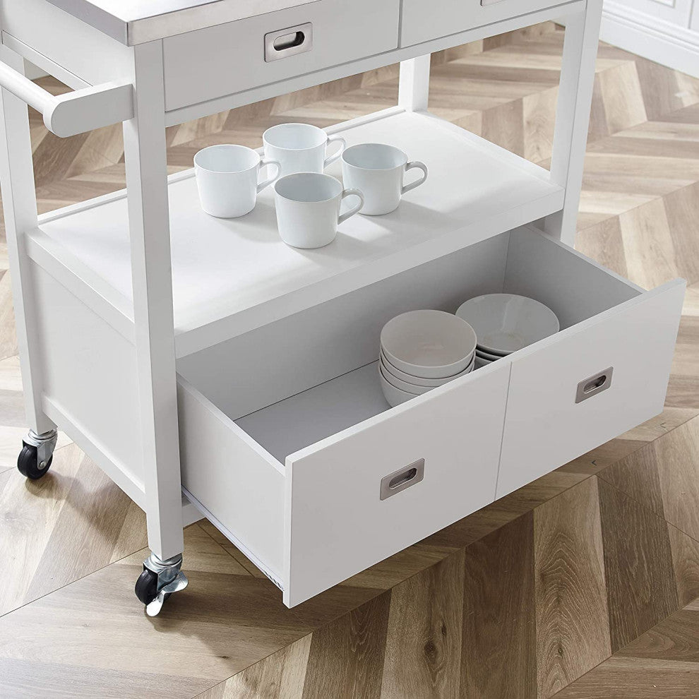Modern Kitchen Cart, Stainless Steel Top and Spacious Drawer, Glossy White