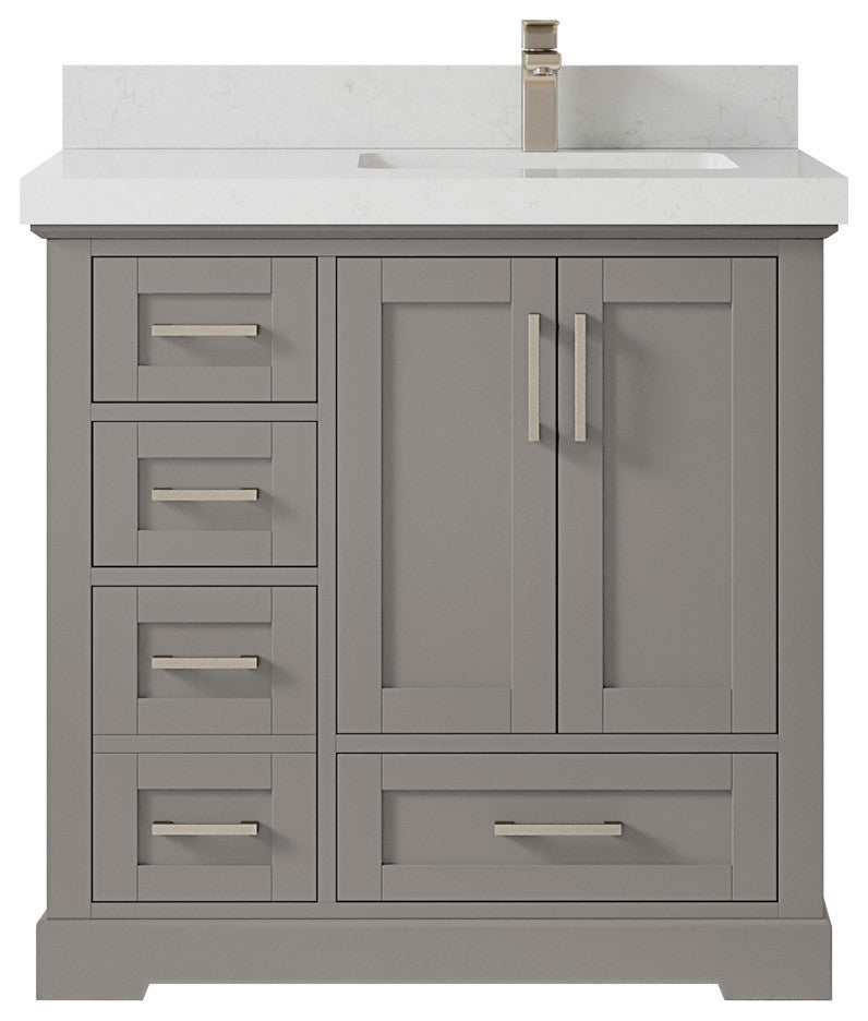 Boston 36 Right Offset Bath Vanity in Elephant Skin Gray 2" Carrara Quartz