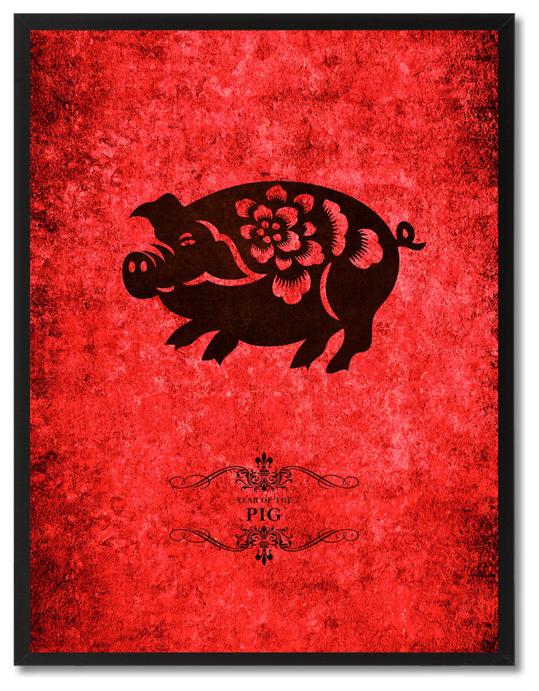Pig Chinese Zodiac Red Print on Canvas with Picture Frame, 13"x17"