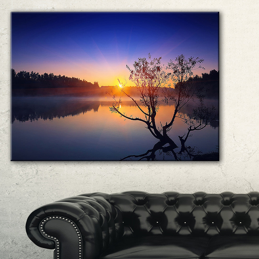 "Lonely Tree in Pond in Blue" Wall Art Landscape, 32"x16"