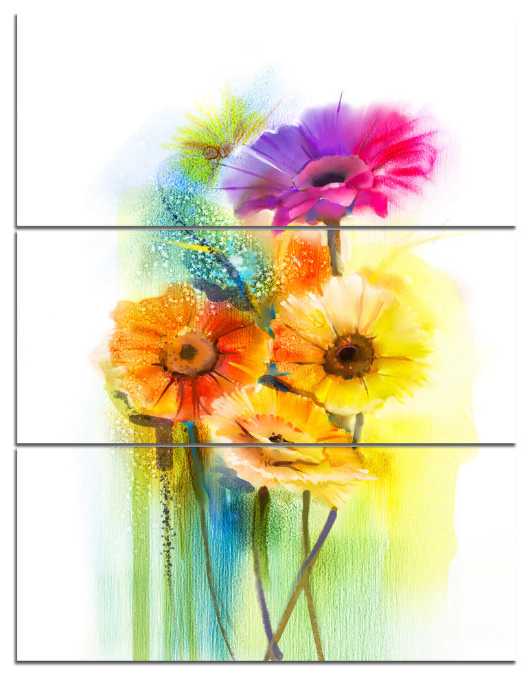 Yellow Orange Purple Gerbera Flowers, Floral Canvas Art Print, 28x36, 3 Panels