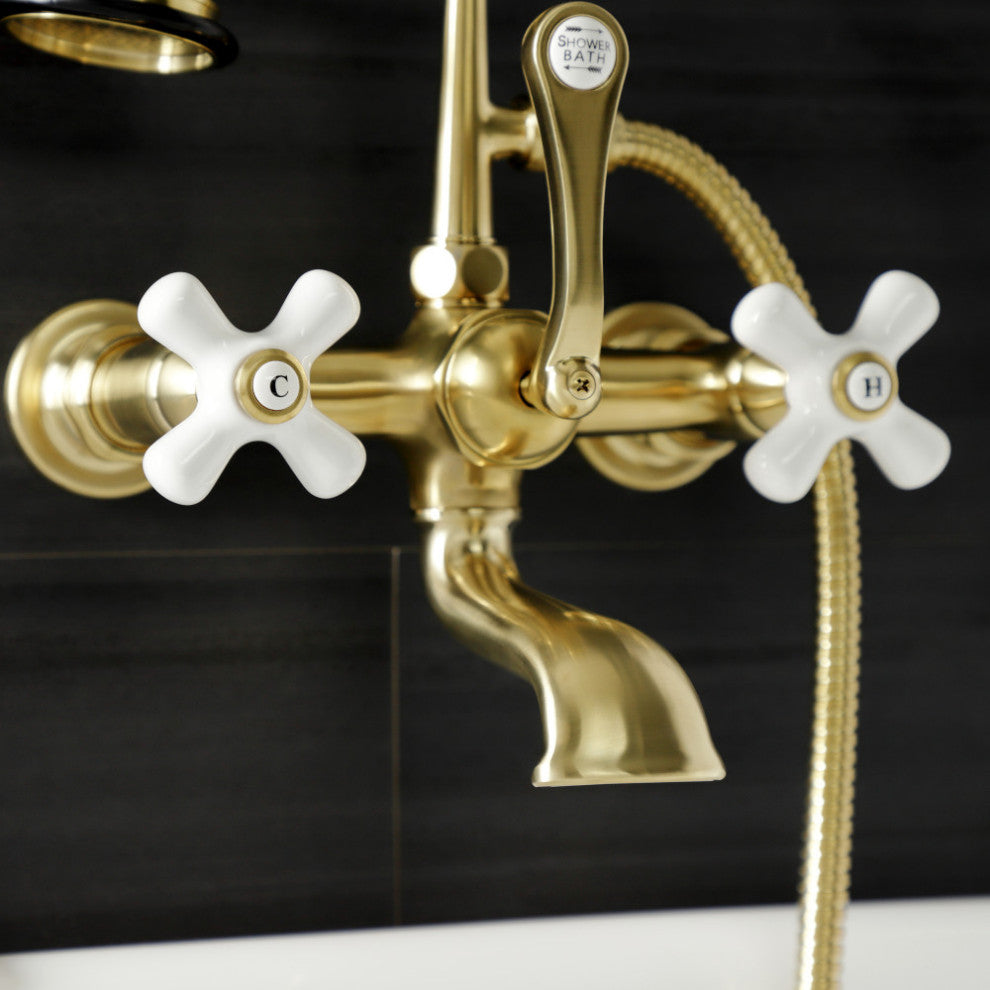 AE559T7 7" Wall Mount Tub Faucet With Hand Shower, Brushed Brass
