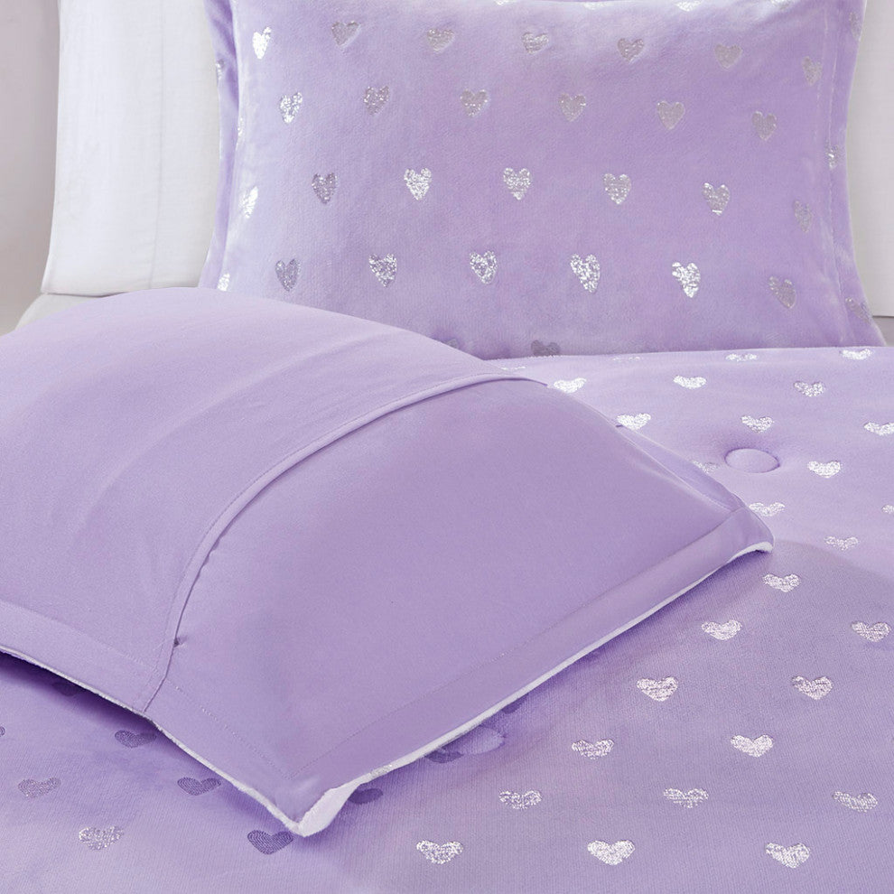 Mi Zone Rosalie Metallic Printed Plush Comforter Set, Purple/Silver