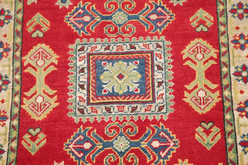 Kazak Traditional Wool Handmade Pakistani Oriental Area Rug, Red, 3'10"X2'8"
