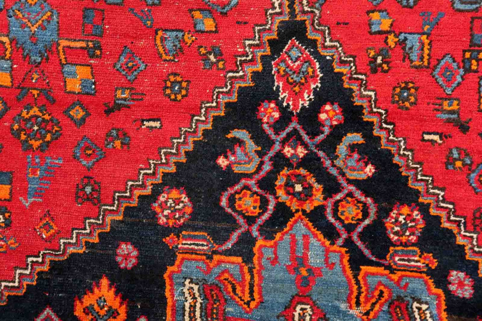 Handmade Vintage Persian Hamadan Rug 4.3'x6.4', 133cmx196cm 1950s