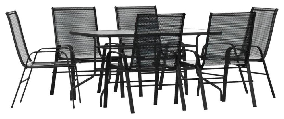 Brazos 7 Pc Outdoor Dining Set 55" Table, 6 Stack Chairs, Black