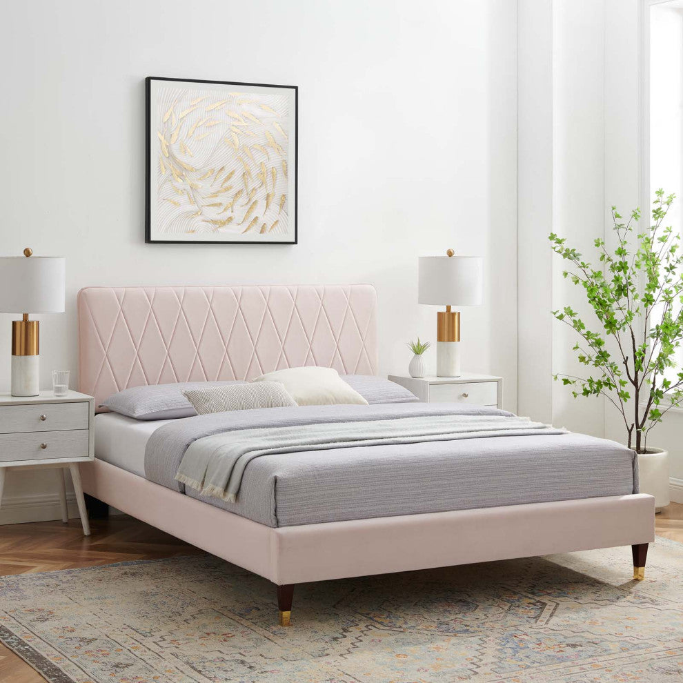 Platform Bed Frame, Full Size, Velvet, Pink, Modern Contemporary, Bedroom Master