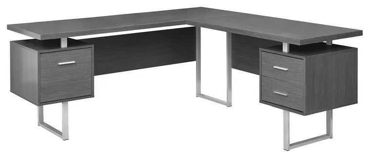 Modern Desk, Spacious L-Shaped Design With Floating Top & Drawers, Gray