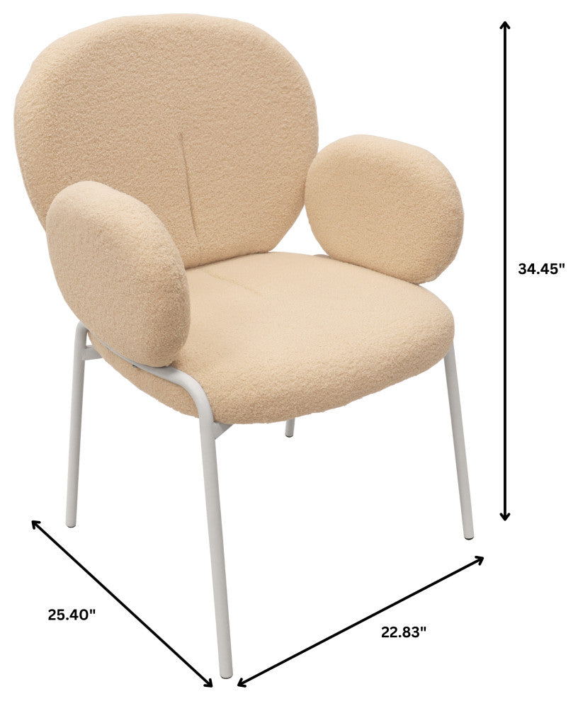 Celestial Boucle Dining Chairs With Arms, White Iron Legs, Beige