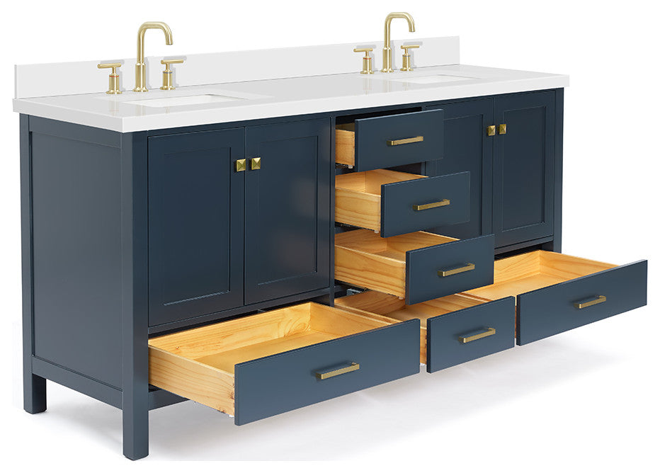 ARIEL Cambridge 73" Double Rectangle Sink Blue Vanity Quartz Top, No Mirror
