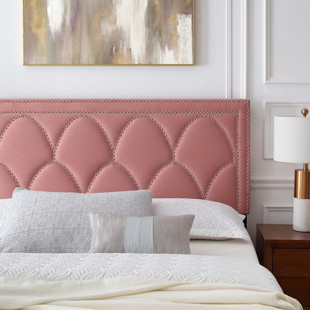 Platform Bed Frame, Nailhead, Queen Size, Pink, Velvet, Modern, Guest Suite