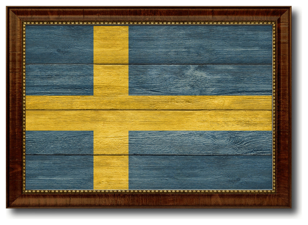 Sweden Country Textured Flag Print With Brown Gold Frame, 15"X21"