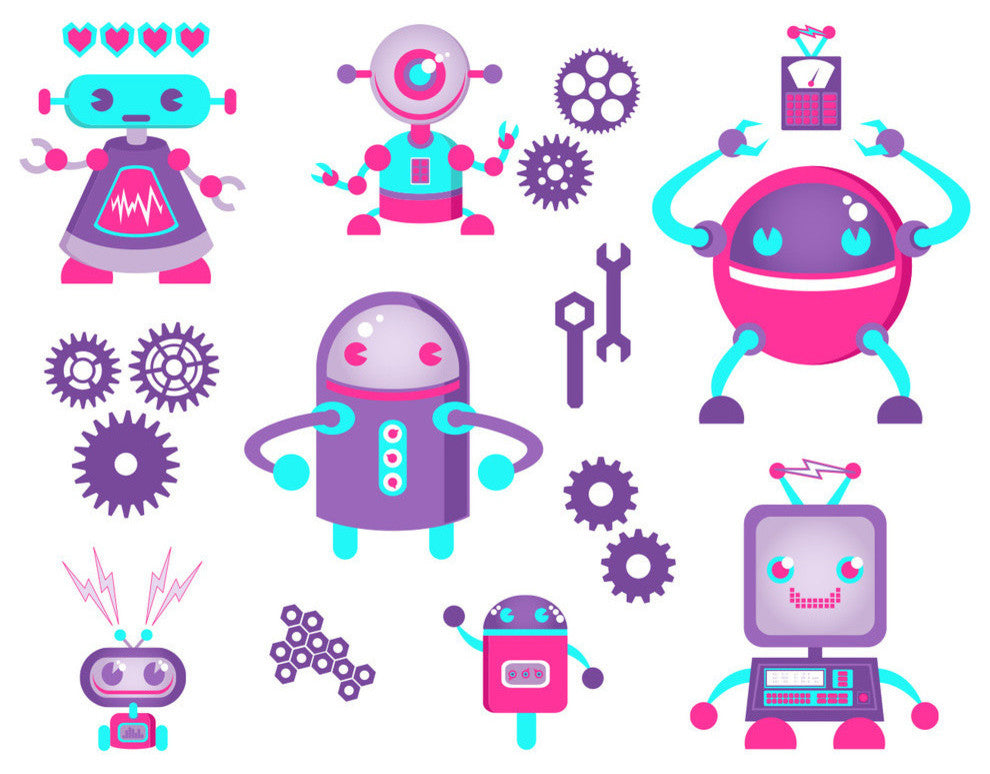 Robot Fabric Wall Decals for Girls, Full Set, Jumbo Sized