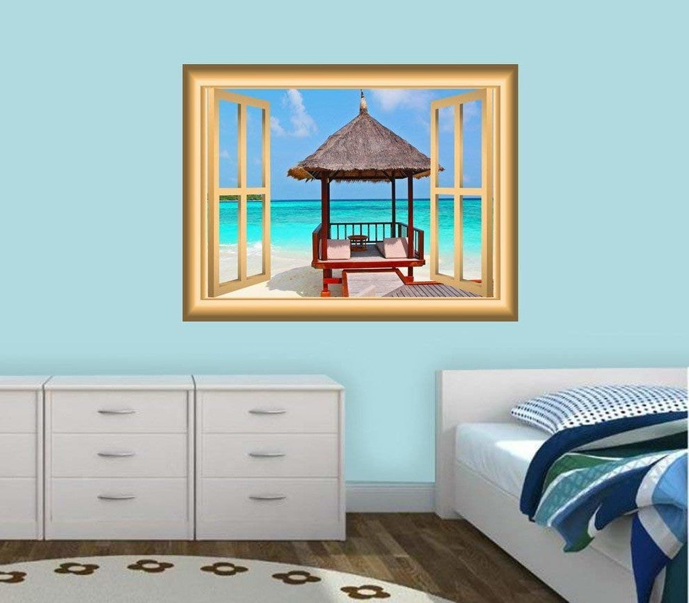 VWAQ Beach Hut Window Decal Ocean Wall Decal Peel and Stick Mural, 30x24