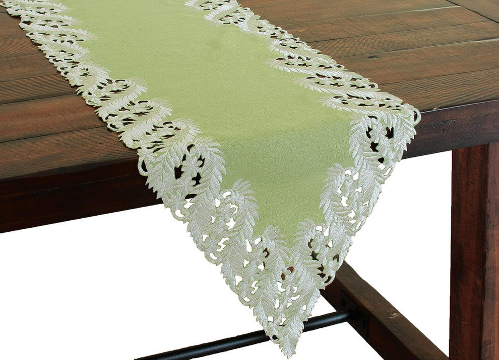 Laurel Embroidered Cutwork Spring Table Runner, 15"x72", Green