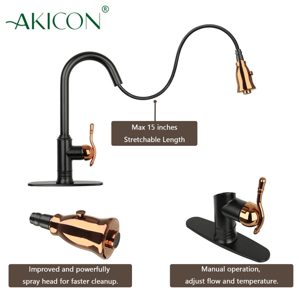 Pull Down Kitchen Faucet and Deck Plate, Two-Tone Matte Black and Rose Gold