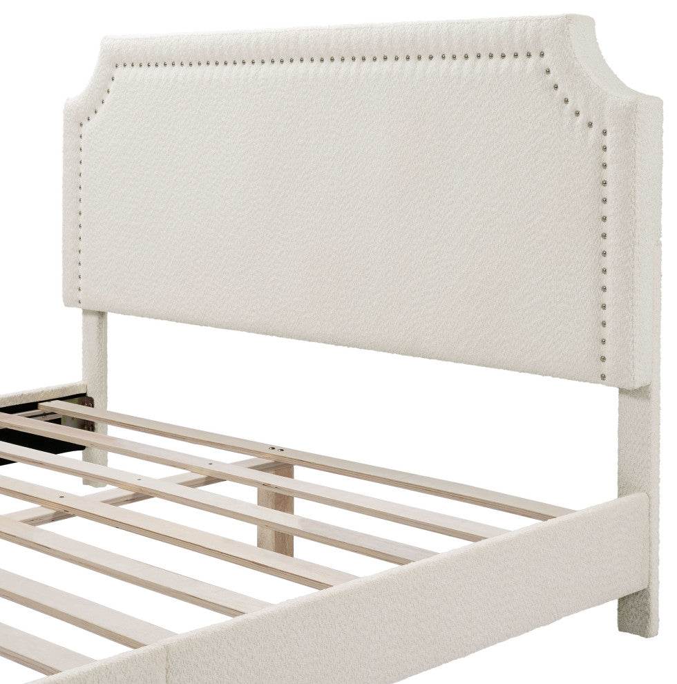 Miles White Boucle Upholstered Wood Frame Platform Bed, Queen, Naihead Trim