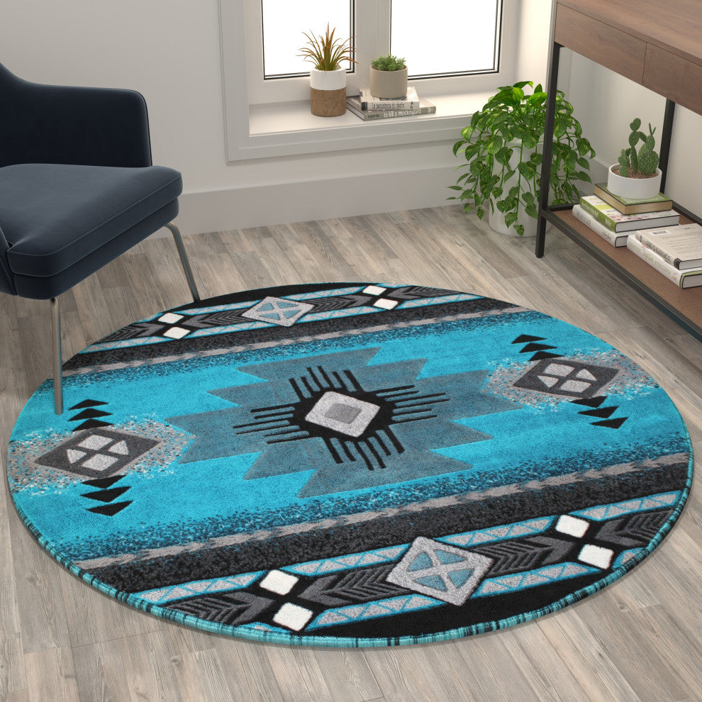 Angie Collection Round 5' x 5' Turquoise Traditional Southwestern Style Area Rug