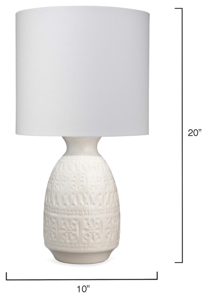 Frieze Table Lamp, White Ceramic With Drum Shade, White Linen