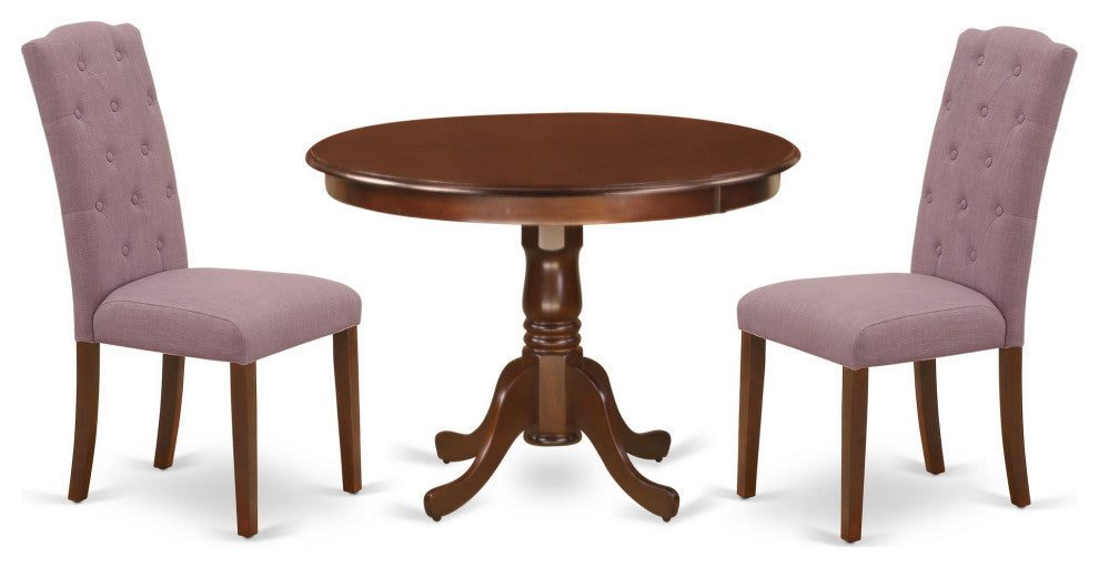 3Pc Dinette Set, Rounded Table, Two Parson Chairs, Dahlia Fabric, Mahogany