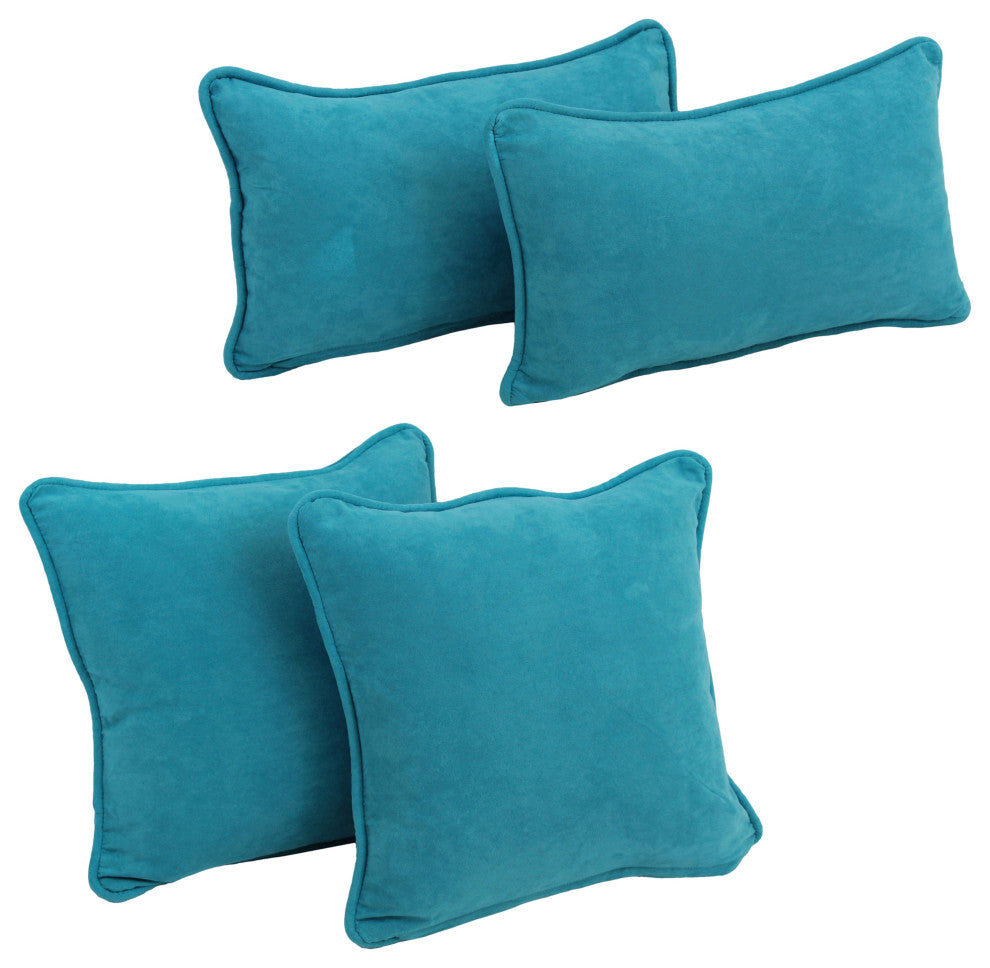 Double-Corded Solid Microsuede Throw Pillows With Inserts, Set of 4, Aqua Blue