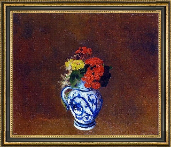Odilon Redon Flowers in a Vase with Blue Decoration Framed Canvas Print, 16"x20"