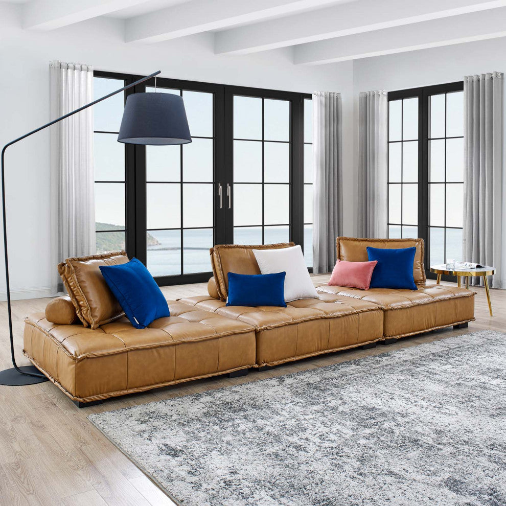 Modular Deep Tufted Sectional Sofa Set, Tan, Fabric, Modern, Lounge Hospitality