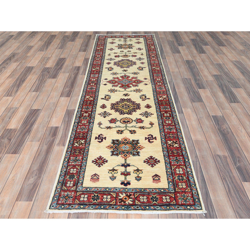 Ivory, Soft Wool, Hand Knotted Afghan Super Kazak Runner Rug, 2'7"x8'6"