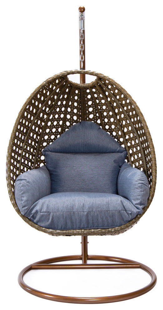 LeisureMod Beige Wicker Hanging Egg Swing Chair With Stand and Cushion, Charcoal Blue