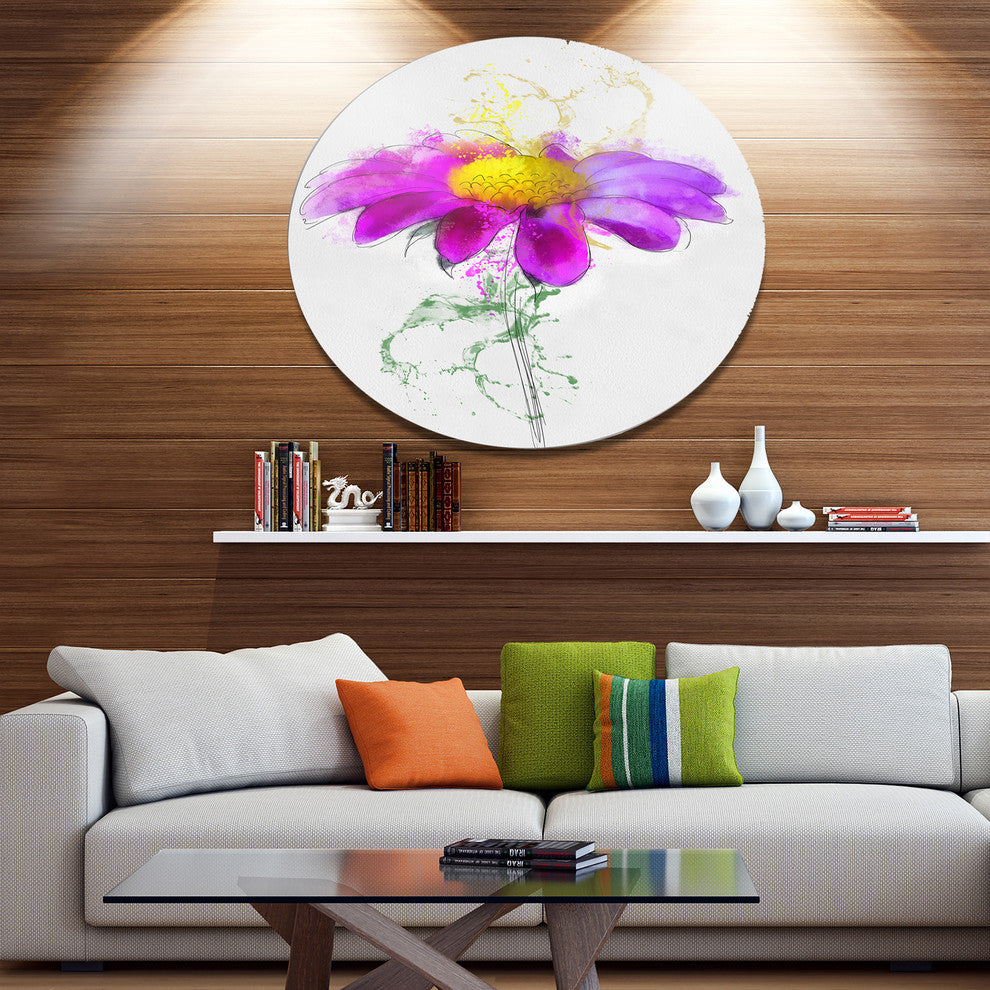 Purple Daisy Flower With Stem, Flowers Round Metal Wall Art, 11"