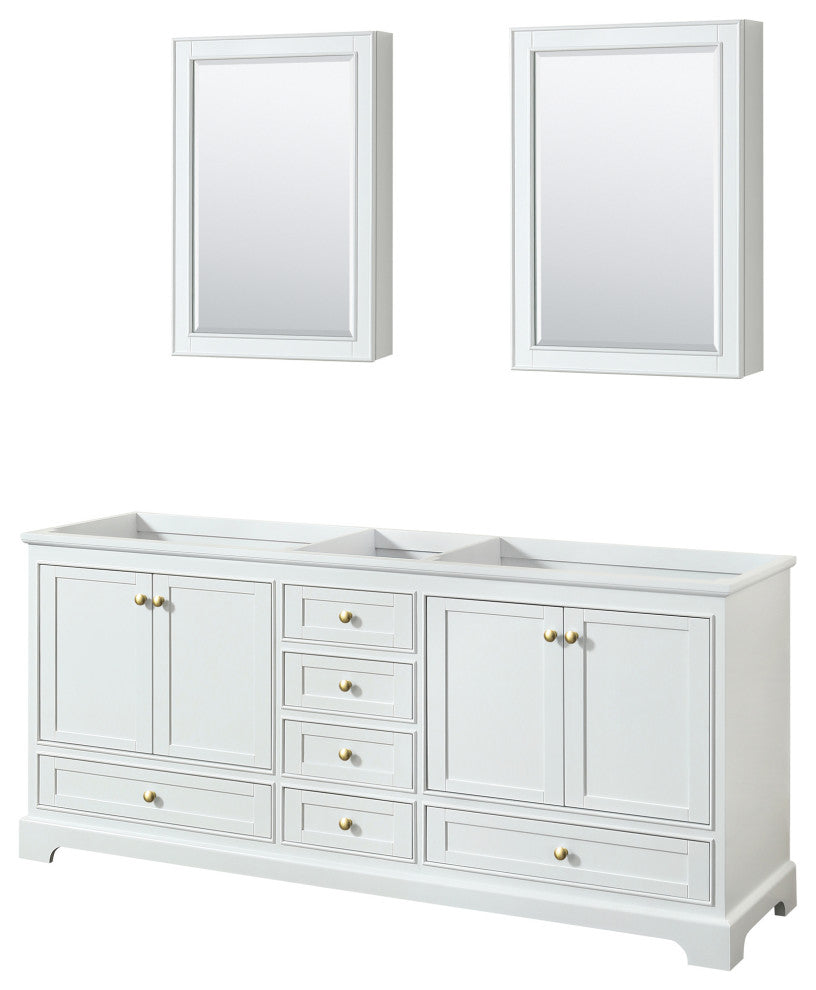 80" Double Bathroom Vanity, White, Gold Trim, Medicine Cabinets